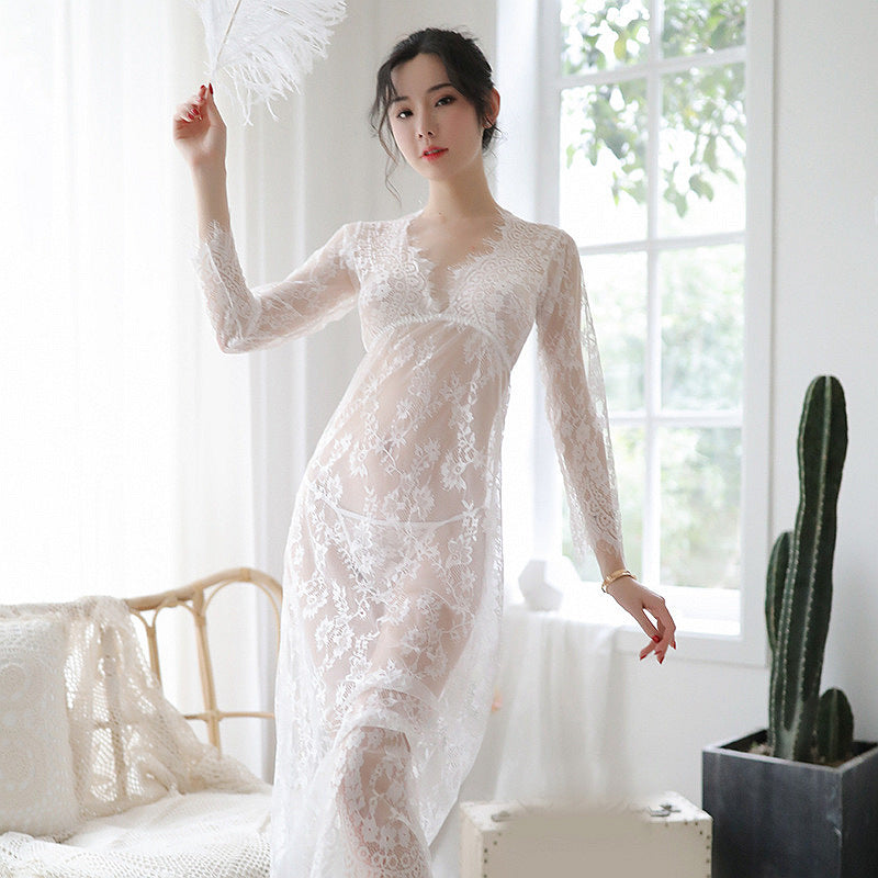 Hot Sell Ladies Sexy Lace Sleepwear Nightdress Seethrough Lingerie Big Sleeping Dress White Long Nightgown Hot Erotic S-4Xl