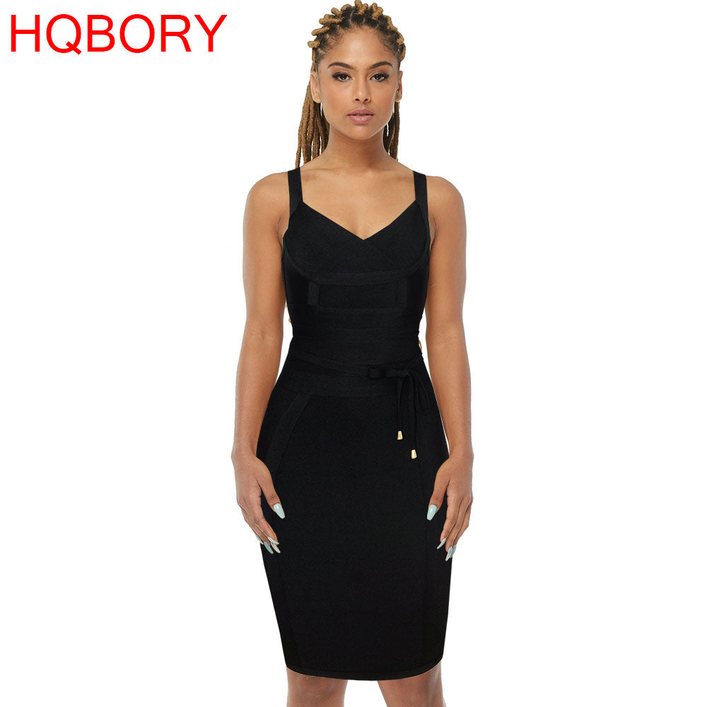 Hqbory Sexy Women Spaghetti Strap V Neck Lace Up Belt Hl Black Knee Length Bandage Clubwear Party Dresses