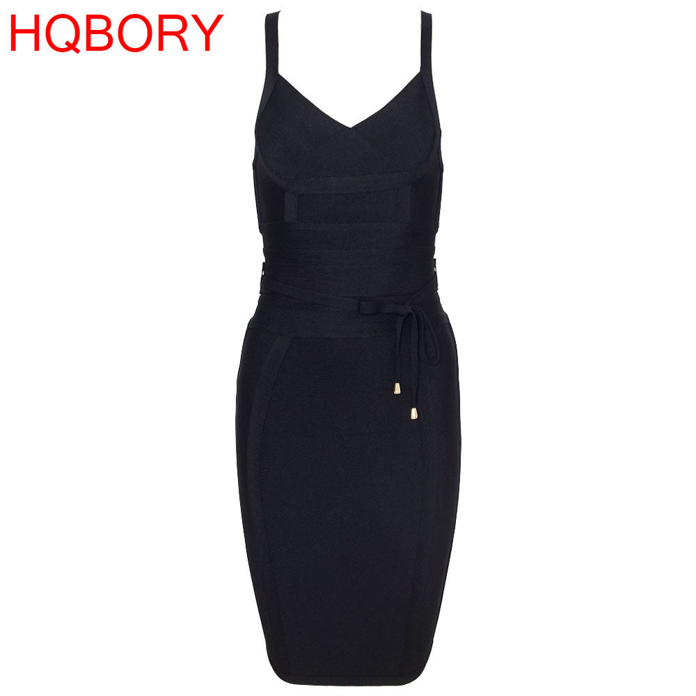 Hqbory Sexy Women Spaghetti Strap V Neck Lace Up Belt Hl Black Knee Length Bandage Clubwear Party Dresses