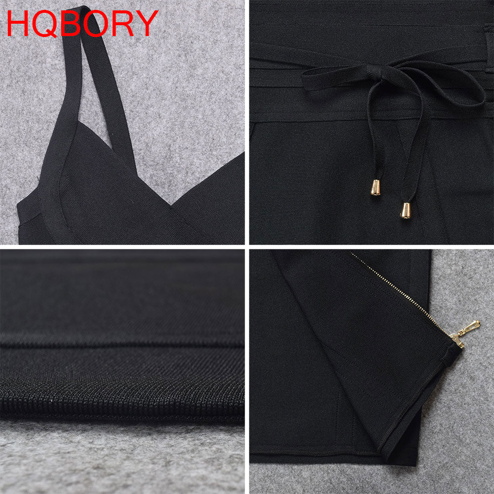 Hqbory Sexy Women Spaghetti Strap V Neck Lace Up Belt Hl Black Knee Length Bandage Clubwear Party Dresses