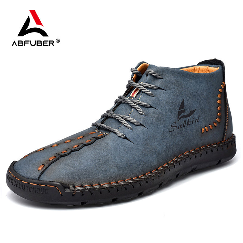 Hand-Stitching Winter Men Boots Leather Patent Tooling Ankle Boots Blue Outdoor Autumn Hombres Botas Men Casual Leather Shoes