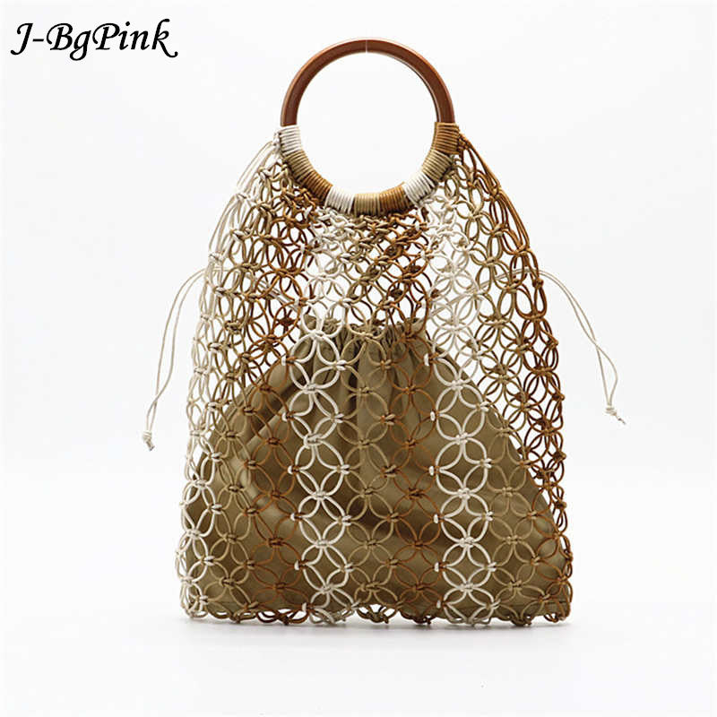 Hand Woven Hollow Wood Straw Handle New Woven Bag Woman Beach Bag 2022 New Fashion