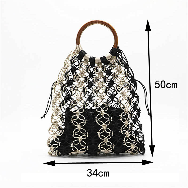Hand Woven Hollow Wood Straw Handle New Woven Bag Woman Beach Bag 2022 New Fashion