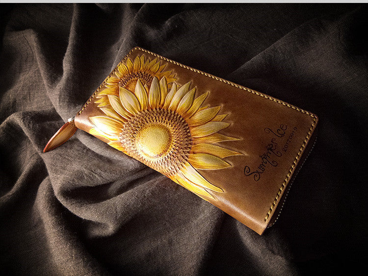 Handmade Customized Wallets Carving Honeybee Sunflower Purses Women Long Clutch Vegetable Tanned Leather Wallet Top Grade Gift