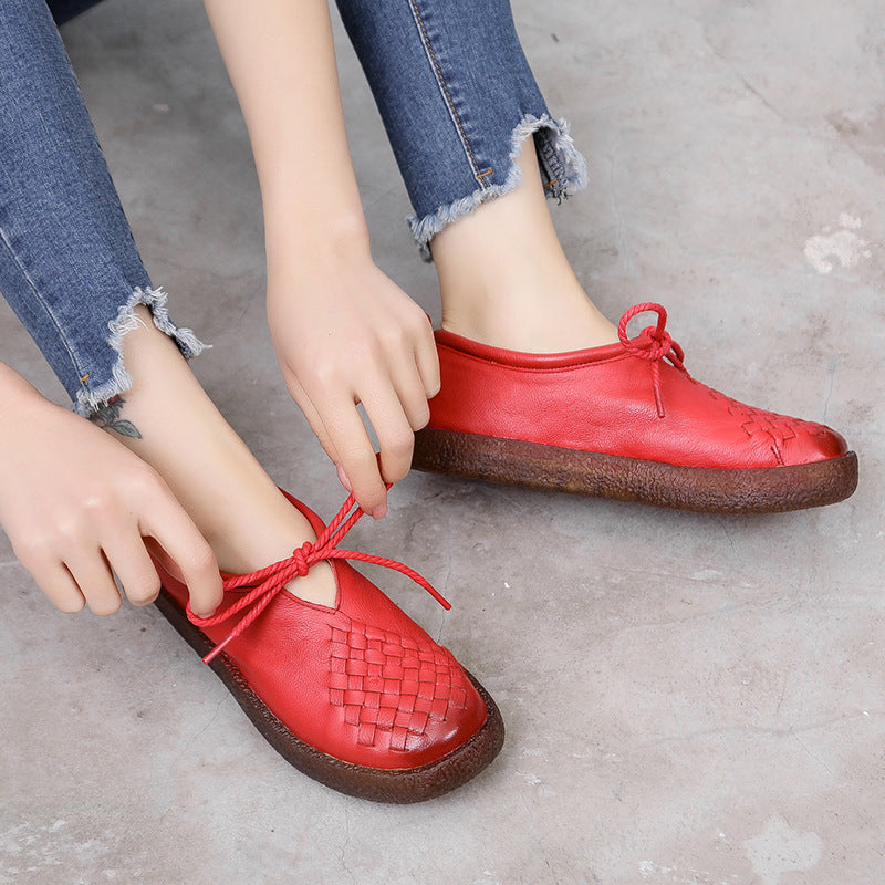 Handmade National Cow Leather Flat Bottom Casual Soft Woven Female Shoes