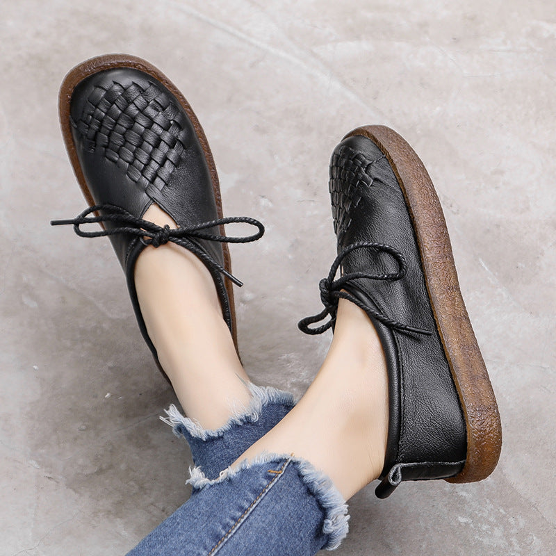 Handmade National Cow Leather Flat Bottom Casual Soft Woven Female Shoes