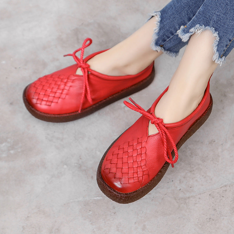 Handmade National Cow Leather Flat Bottom Casual Soft Woven Female Shoes