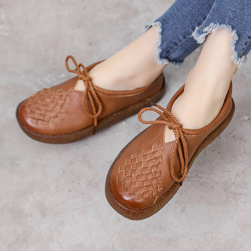 Handmade National Cow Leather Flat Bottom Casual Soft Woven Female Shoes