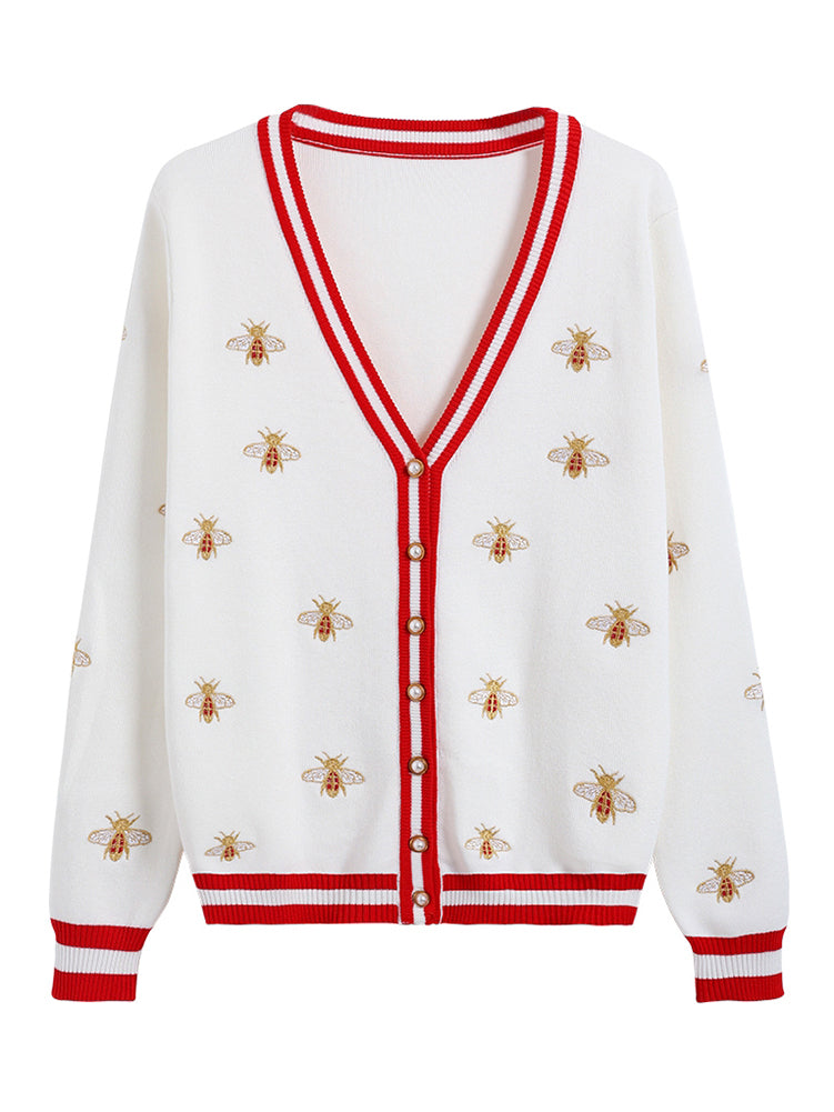 High Quality Fashion Designer Bee Embroidery Cardigan Long Sleeve Single Breasted Contrast Color Button Knitted Sweaters C-068