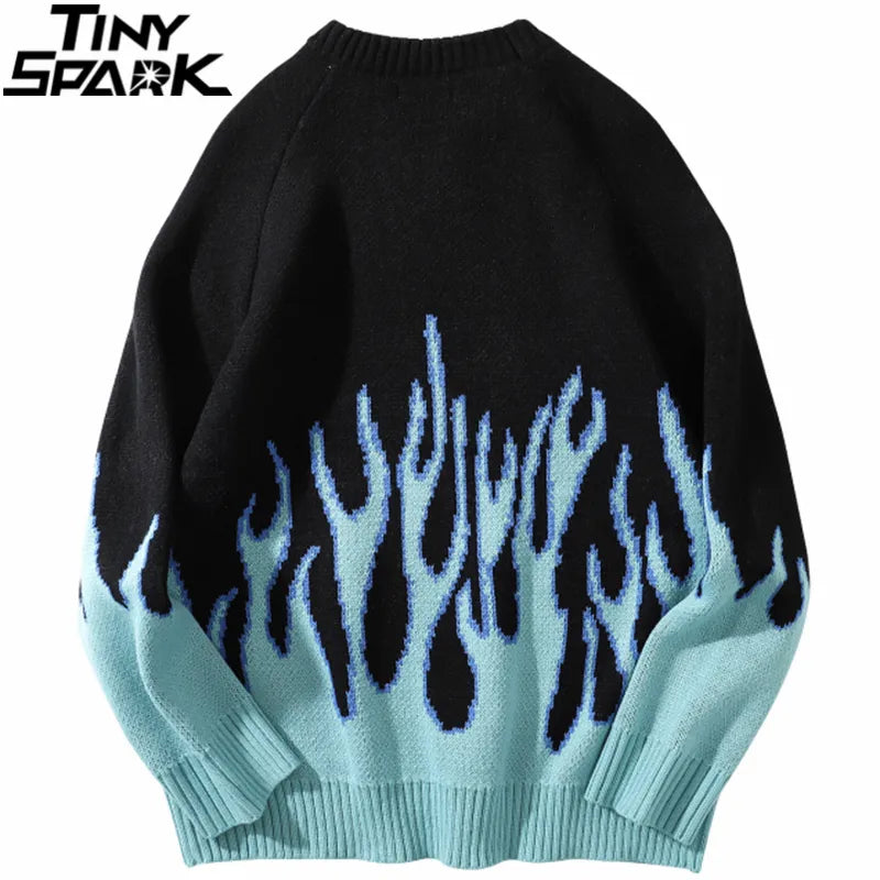 Hip Hop Mens Streetwear Harajuku Knitted Sweater Blue Fire Flame  2023 Autumn Sweater Pullover Loose Hiphop Retro Vintage Cotton