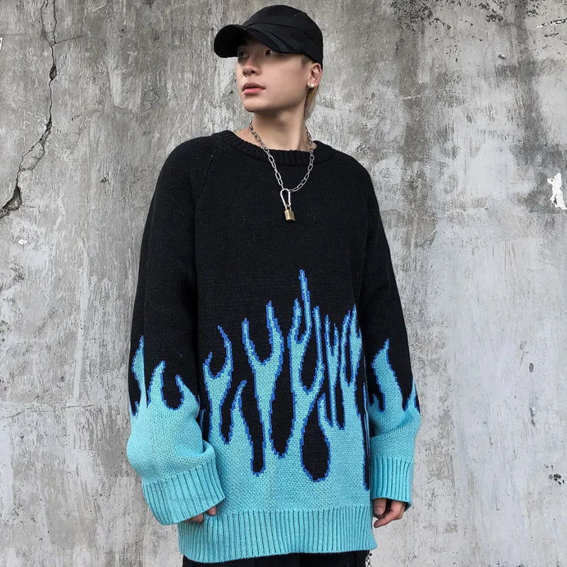 Hip Hop Mens Streetwear Harajuku Knitted Sweater Blue Fire Flame  2023 Autumn Sweater Pullover Loose Hiphop Retro Vintage Cotton