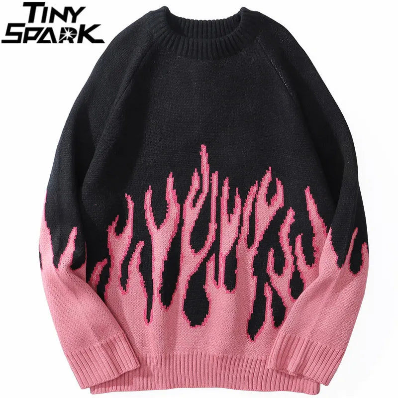 Hip Hop Mens Streetwear Harajuku Knitted Sweater Blue Fire Flame  2023 Autumn Sweater Pullover Loose Hiphop Retro Vintage Cotton