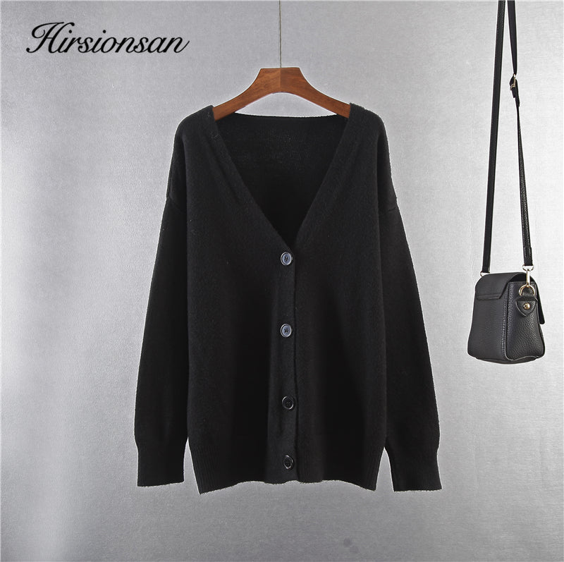 Hirsionsan Soft Knitted Cardigan Women 2023 Autumn Winter Korean V Neck Khaki Sweater For Girls Chic Oversized Ladies Clothes