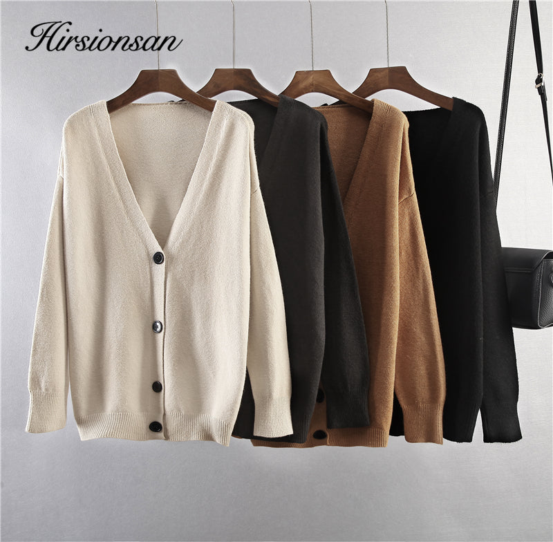 Hirsionsan Soft Knitted Cardigan Women 2023 Autumn Winter Korean V Neck Khaki Sweater For Girls Chic Oversized Ladies Clothes