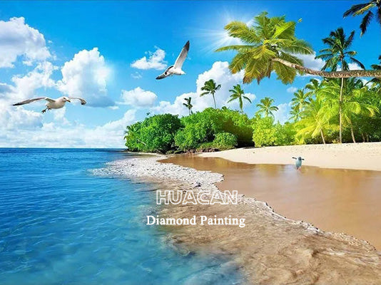 Huacan 5D Diamond Painting Sea Beach Landscape Living Room Wall Decoration Mosaic Trees Scenery Diamond Art