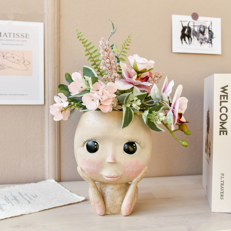 Human Face Vase Decoration Big Eyes Doll Resin Flowerpot Figure Sculpture Crafts Storage Container Flower Arrangement Container