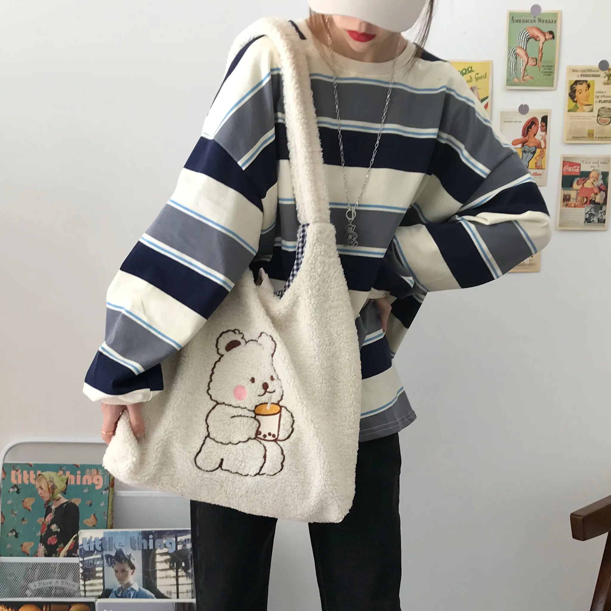 Hylhexyr Women Canvas Tote Purse Lamb Like Fabric Shoulder Bag Bear Embroider Crossbody Handbag Casual Shopper Bag Cute For Girl