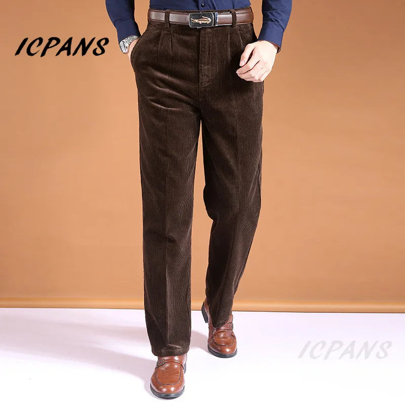 Icpans Corduroy Men Trousers Straight Thick Warm Autumn Winter Men Pants High Waist Mens Pants Plus Size 40 42 44 46