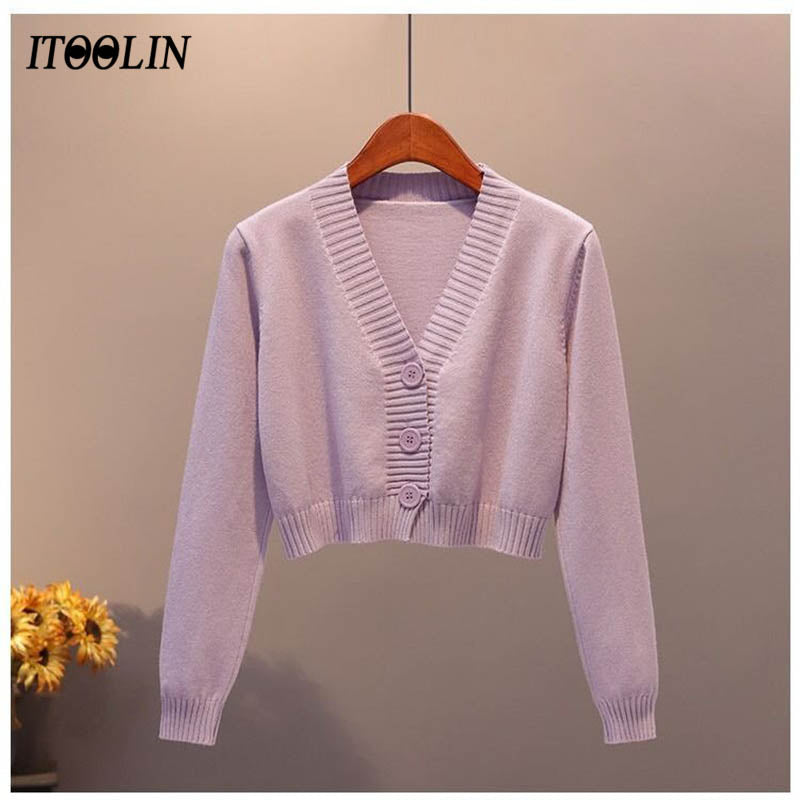 Itoolin Cardigan For Women Knitted Sweater V-Neck Long Sleeve Crop Tops Female Button Up Cardigans Cropped Women Clothing