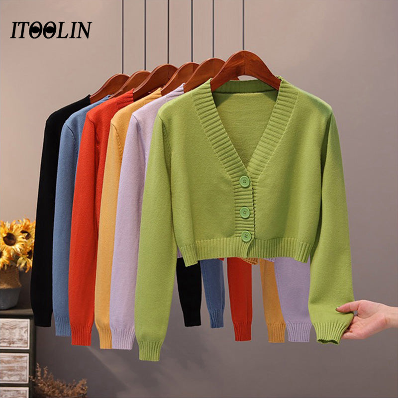 Itoolin Cardigan For Women Knitted Sweater V-Neck Long Sleeve Crop Tops Female Button Up Cardigans Cropped Women Clothing