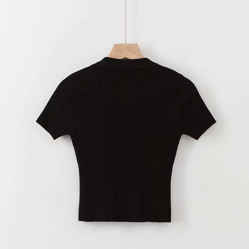 Itoolin Women Polo Shirts Short Sleeve Knit T-Shirt Plain Women Ribbed V-Neck Crop Top Solid Slim Cropped Tees 2022 Summer