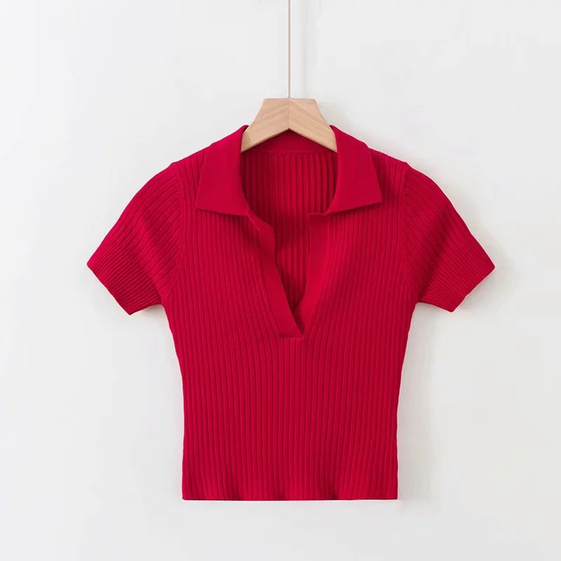 Itoolin Women Polo Shirts Short Sleeve Knit T-Shirt Plain Women Ribbed V-Neck Crop Top Solid Slim Cropped Tees 2022 Summer