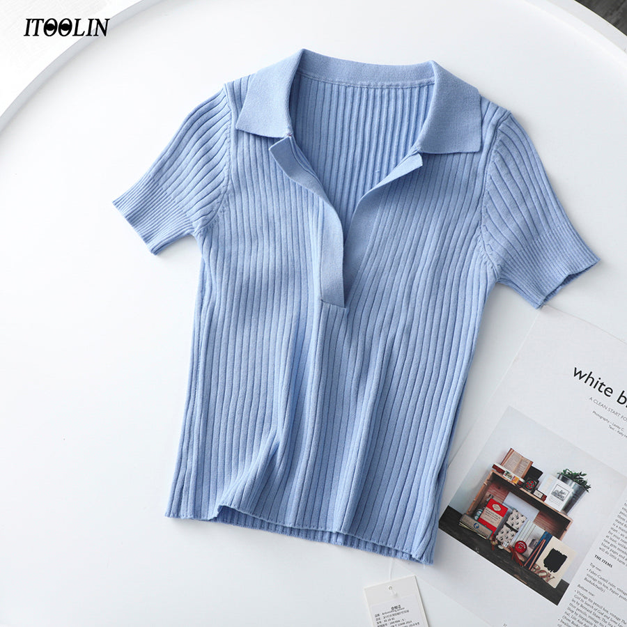 Itoolin Women Polo Shirts Short Sleeve Knit T-Shirt Plain Women Ribbed V-Neck Crop Top Solid Slim Cropped Tees 2022 Summer