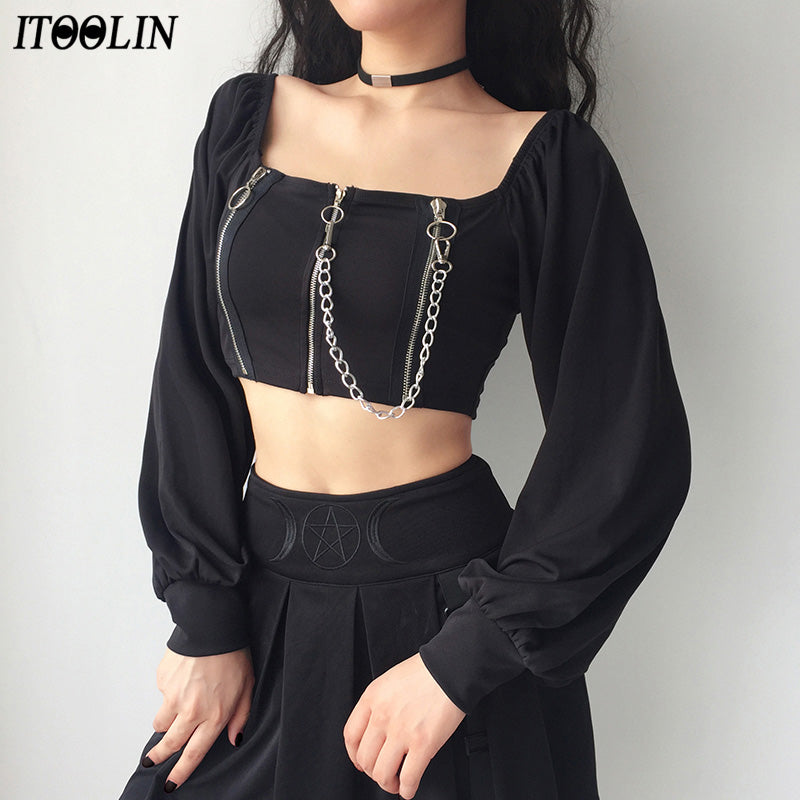 Itoolin Women Y2K Chains Dark Black Gothic Zipped Tops Women Sexy Off Shoulder T-Shirts Clubwear Long Sleeve Crop Tops Knit