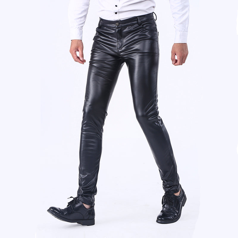 Idopy Men`S Business Slim Fit Five Pockets Stretchy Comfy Black Solid Faux Leather Pants Jeans Trousers For Male