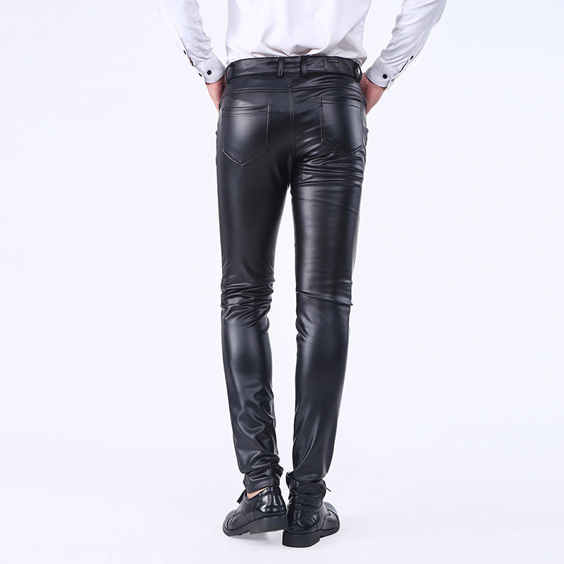 Idopy Men`S Business Slim Fit Five Pockets Stretchy Comfy Black Solid Faux Leather Pants Jeans Trousers For Male