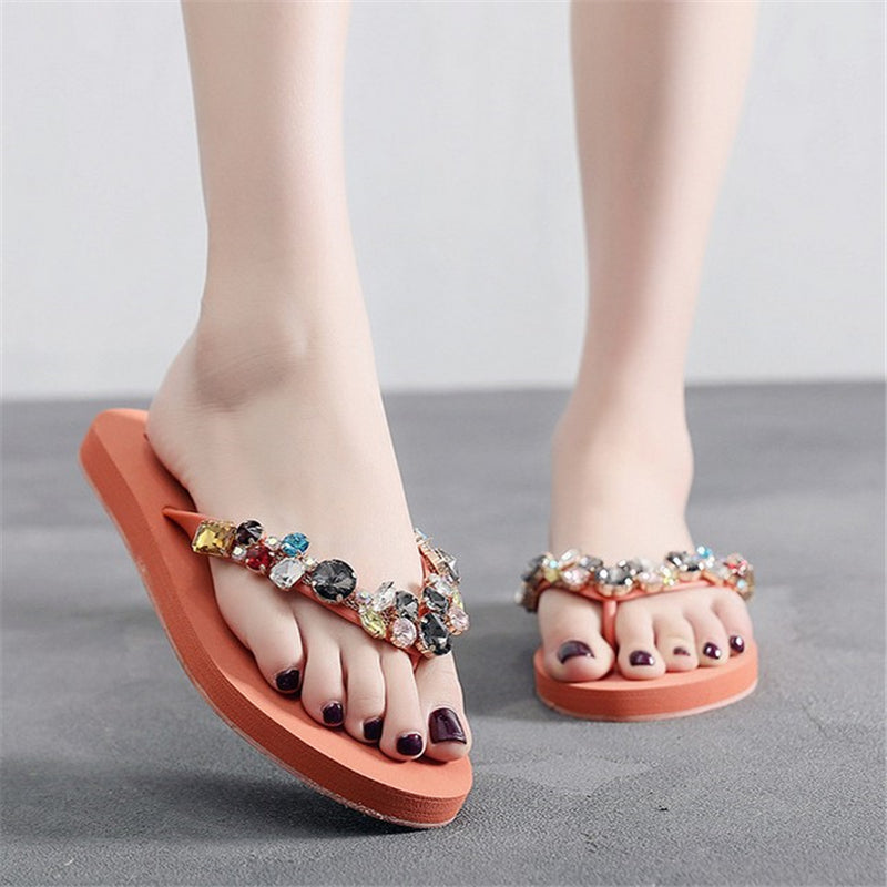 Jianbudan/ Women'S Flat Comfortable Beach Shoes Non-Slip Soft Bottom Casual Flip Flops Rhinestone Decoration Summer Flat Slipper