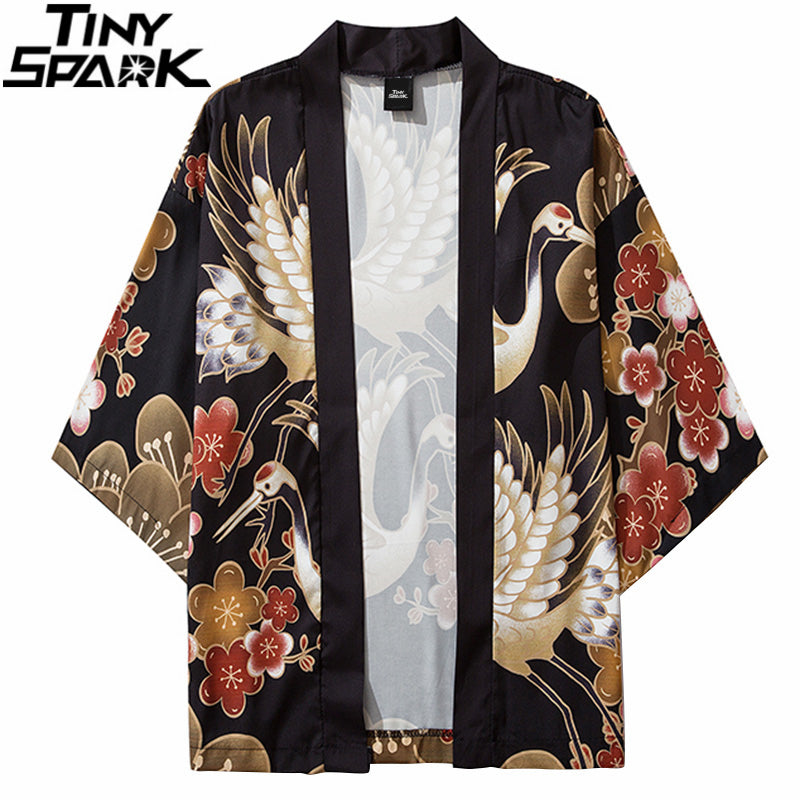 Japanese Kimono Jacket Retro Floral Crane Harajuku 2023 Hip Hop Men Japan Streetwear Jacket Summer Thin Clothing Loose Kimono