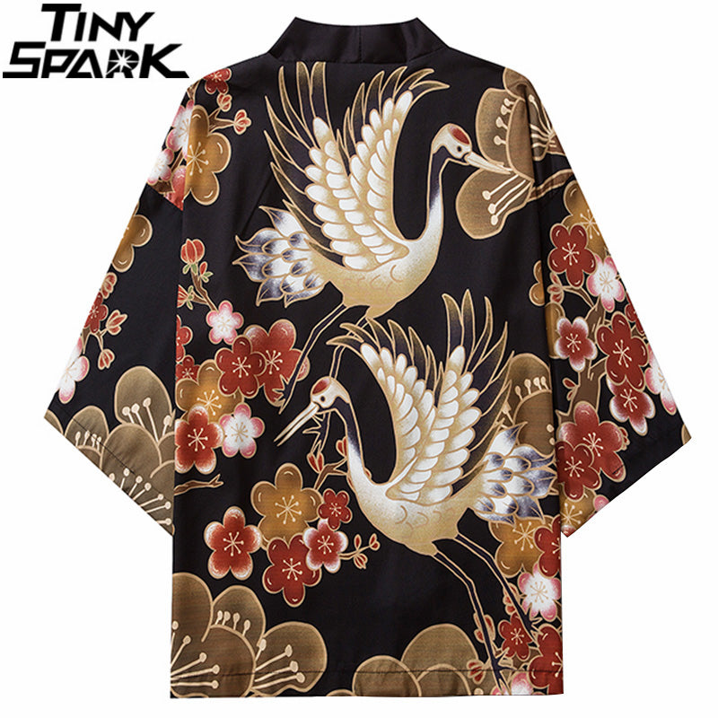 Japanese Kimono Jacket Retro Floral Crane Harajuku 2023 Hip Hop Men Japan Streetwear Jacket Summer Thin Clothing Loose Kimono