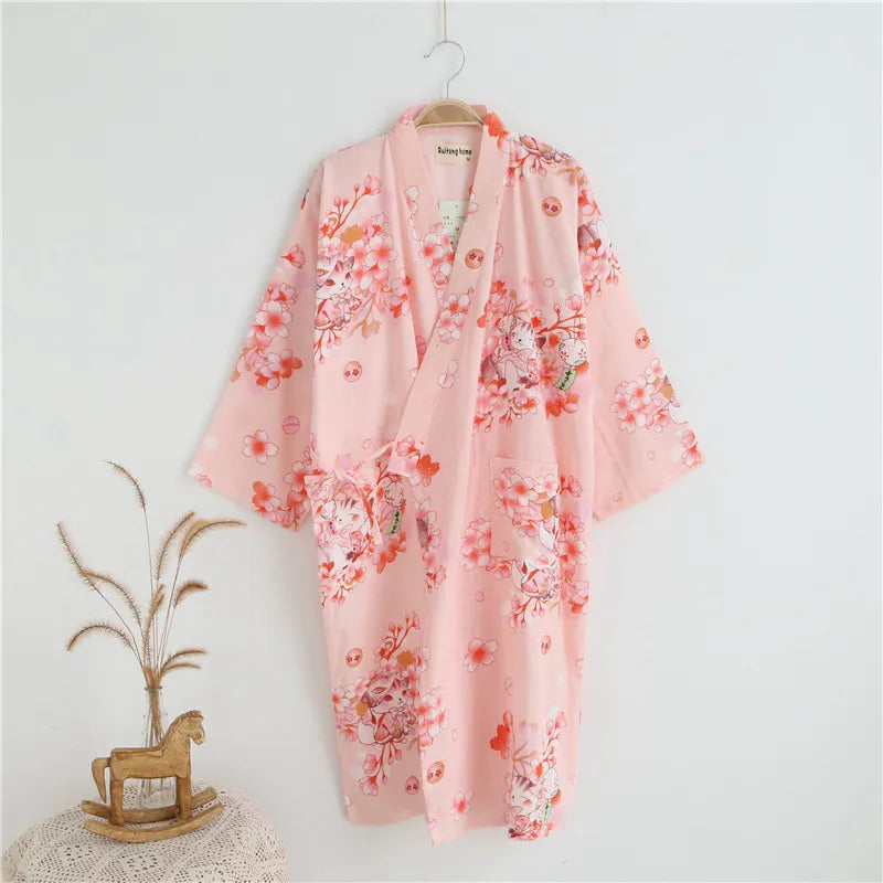 Japanese-Style Kimono Pajamas Summer New 100% Cotton Gauze Pajamas Nightgown Ladies Spa Yukata Homewear Long Pajamas Women