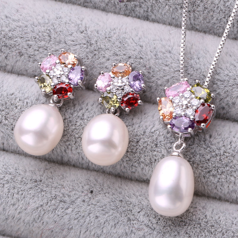 Jewelry Sets,Natural Freshwater Pearl Jewelry Gifts Accessories For Women,Pearl Silver Pendant Necklace Stud Earrings Ring Sets
