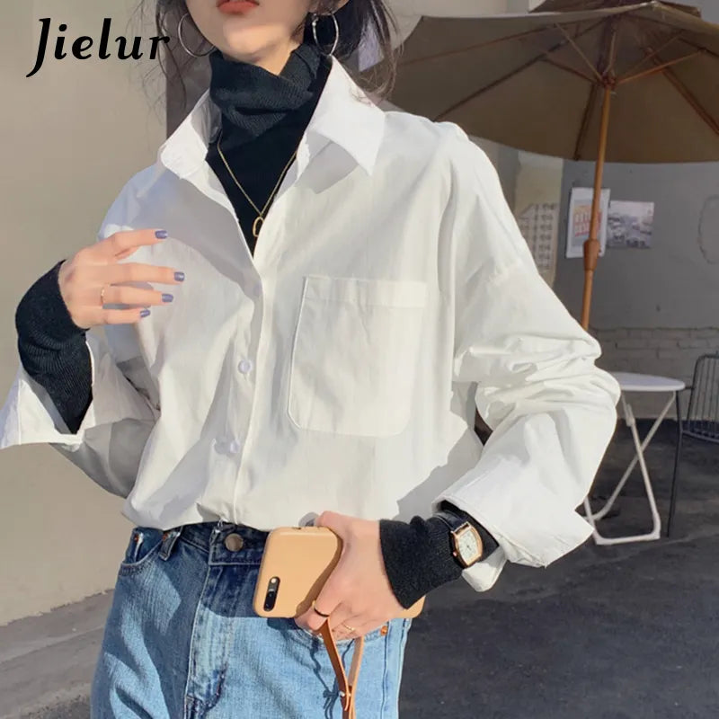 Jielur Fashion Tops Women'S Shirt Chic Turn-Down Collar Shirt Long Sleeve Yellow White Pink Blue Blouse Hipster Korean Spring