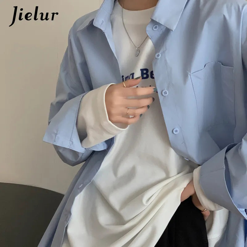 Jielur Fashion Tops Women'S Shirt Chic Turn-Down Collar Shirt Long Sleeve Yellow White Pink Blue Blouse Hipster Korean Spring