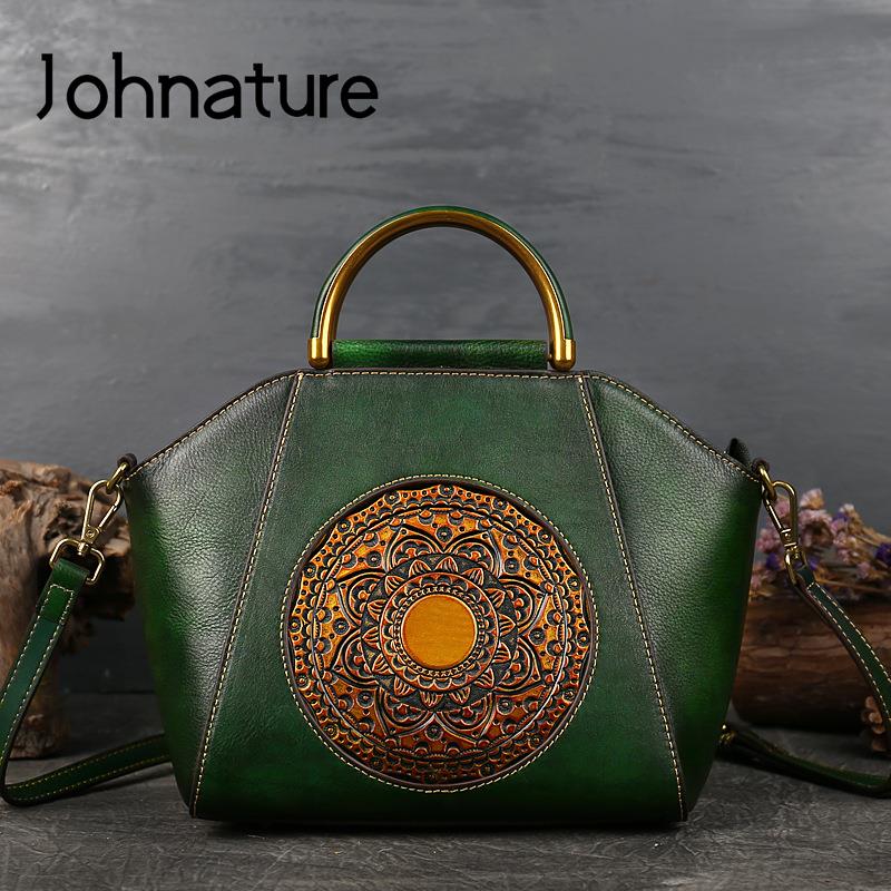 Johnature 2022 New Vintage Totem Embossing Women Handbag Handmade Genuine Leather Bag Real Cowhide Shoulder & Crossbody Bags