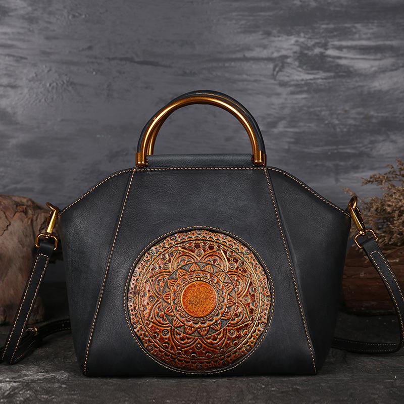 Johnature 2022 New Vintage Totem Embossing Women Handbag Handmade Genuine Leather Bag Real Cowhide Shoulder & Crossbody Bags
