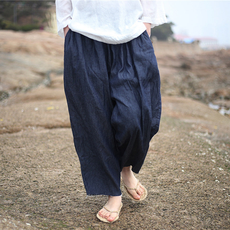 Johnature 2023 New Women Dark Blue Jeans Mid Elastic Waist Pants Summer Solid Color Loose Vintage Ankle-Length Pants