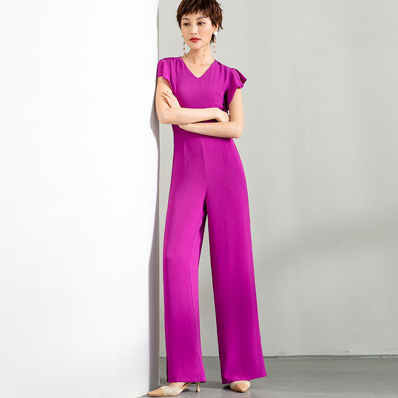 Jumpsuit Women Summer 2022 Elegant High Street Chiffon V-Neck Party Rose Red Wide Leg Rompers Overalls Fashion Female Clothes