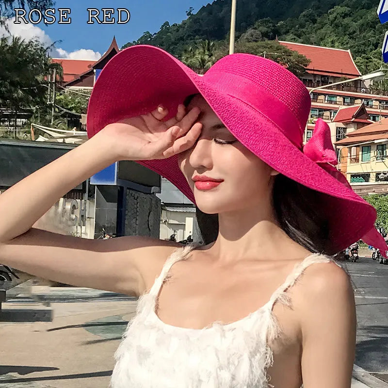 K60 Women'S Hat Summer Beach Big Brim Straw Seaside Sun Hat Travel Women'S Panama Sun Protection Felt Hat Upf 50+ Sun Visor