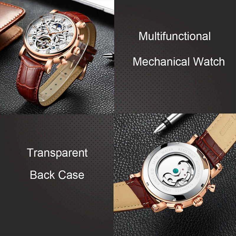 Kinyued Skeleton Automatic Watch Men Sun Moon Phase Waterproof Mens Tourbillon Mechanical Watches Top Brand Luxury Wristwatches
