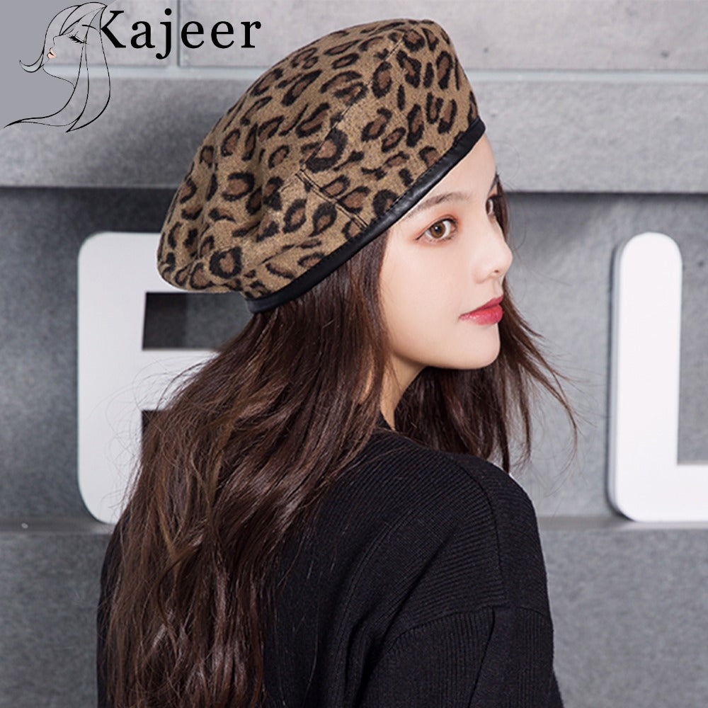 Kajeer Leopard Beret Female Autumn Winter Hats For Women Vintage Painter Flat Cap Boina Feminina Fashion Pu Leather Brim Beanie
