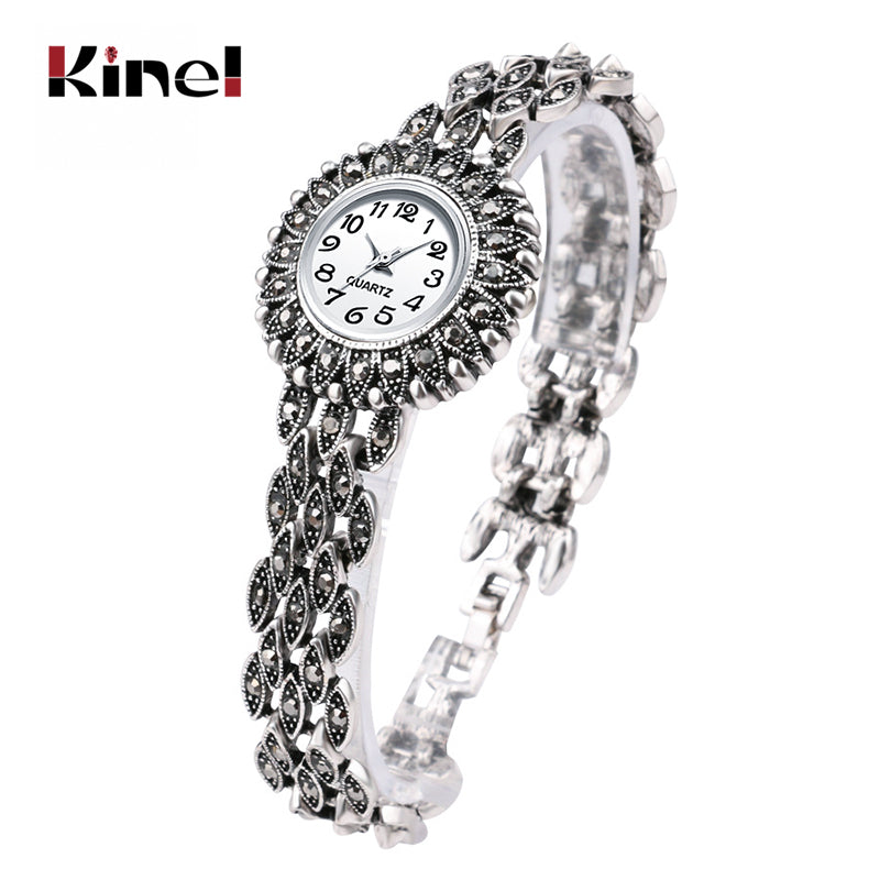 Kinel Fashion Antique Tibetan Silver Quartz Wristwatch Women'S Bracelet Watches Luxury Lady Dress Watches Crystal Jewelry Gifts