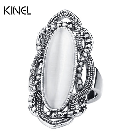 Kinel Top Quality Bohemian Style White Opal Ring Big Oval Silver Plated Mosaic Aaa Gray Crystal Rings For Women Vintage Jewelry