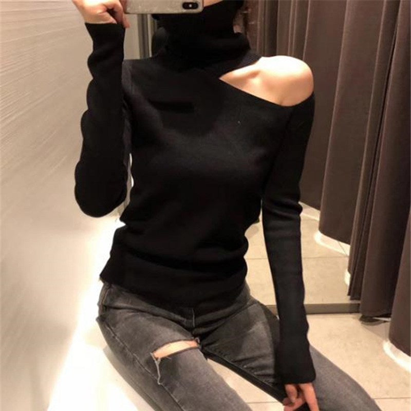 Knitted Sweater Off Shoulder Pullovers Sweater For Women Long Sleeve Turtleneck Female Jumper Black White Gray Sexy Clothing