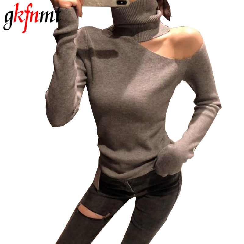 Knitted Sweater Off Shoulder Pullovers Sweater For Women Long Sleeve Turtleneck Female Jumper Black White Gray Sexy Clothing