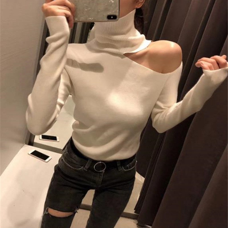 Knitted Sweater Off Shoulder Pullovers Sweater For Women Long Sleeve Turtleneck Female Jumper Black White Gray Sexy Clothing