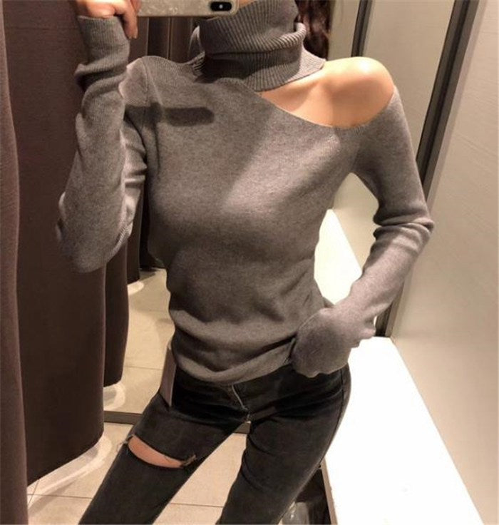 Knitted Sweater Off Shoulder Pullovers Sweater For Women Long Sleeve Turtleneck Female Jumper Black White Gray Sexy Clothing